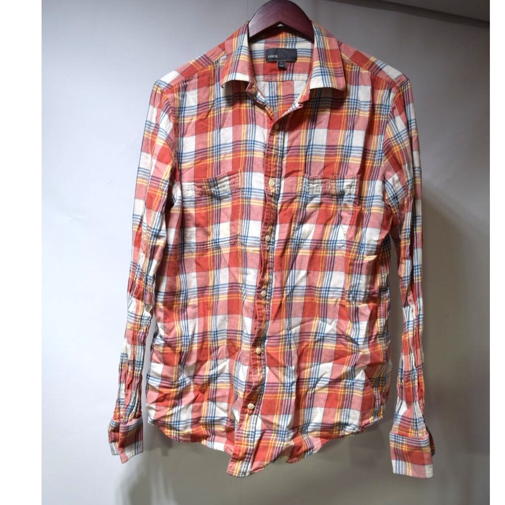 Vince Men’s Large Madras Plaid Double Pocket Cotton Button Down Shirt